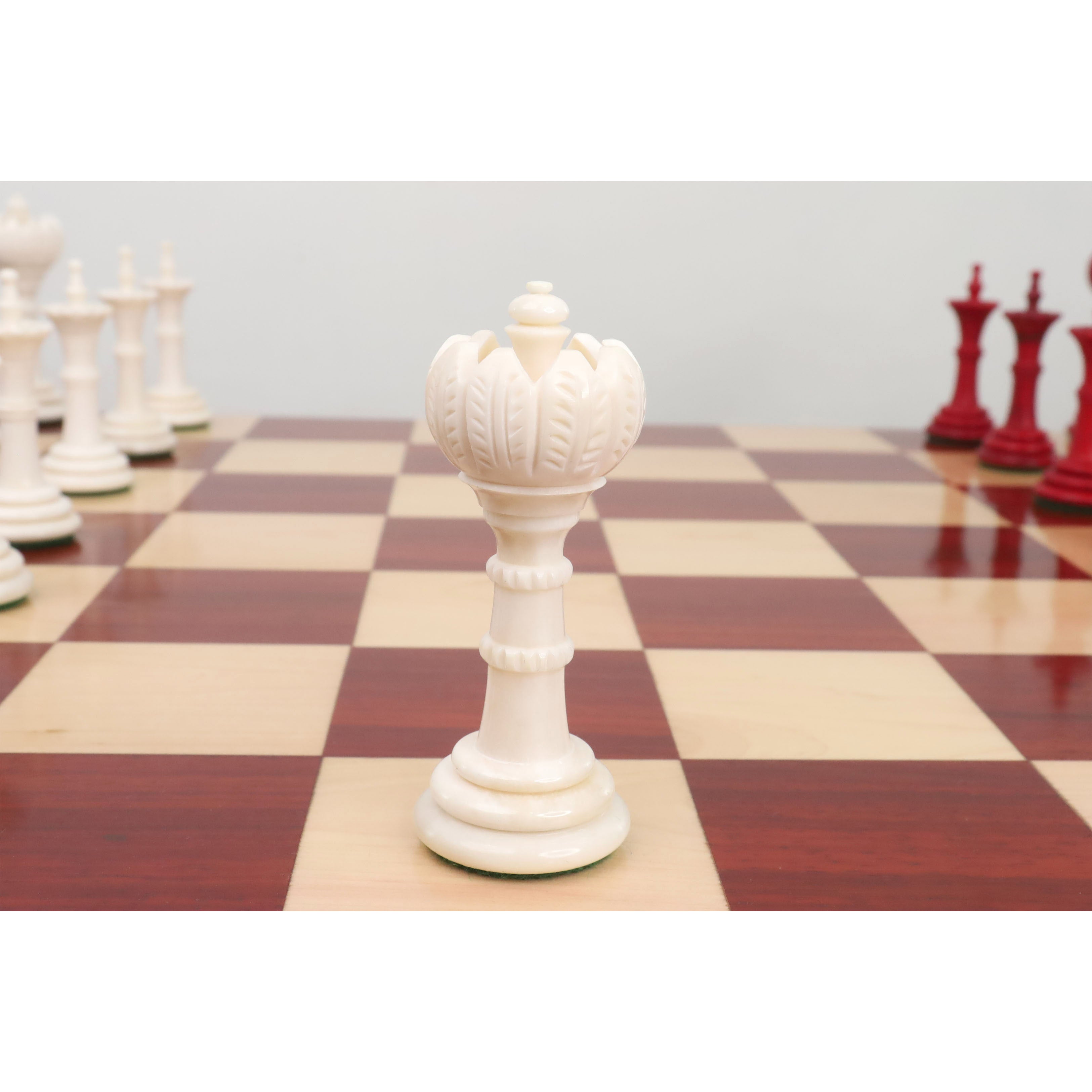 Turkish Tower Pre-Staunton chess pieces in crimson & white camel bone, 118mm king