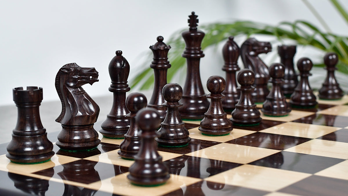 Knight carving detail on the Desert Gold Staunton chess pieces in rosewood and natural boxwood