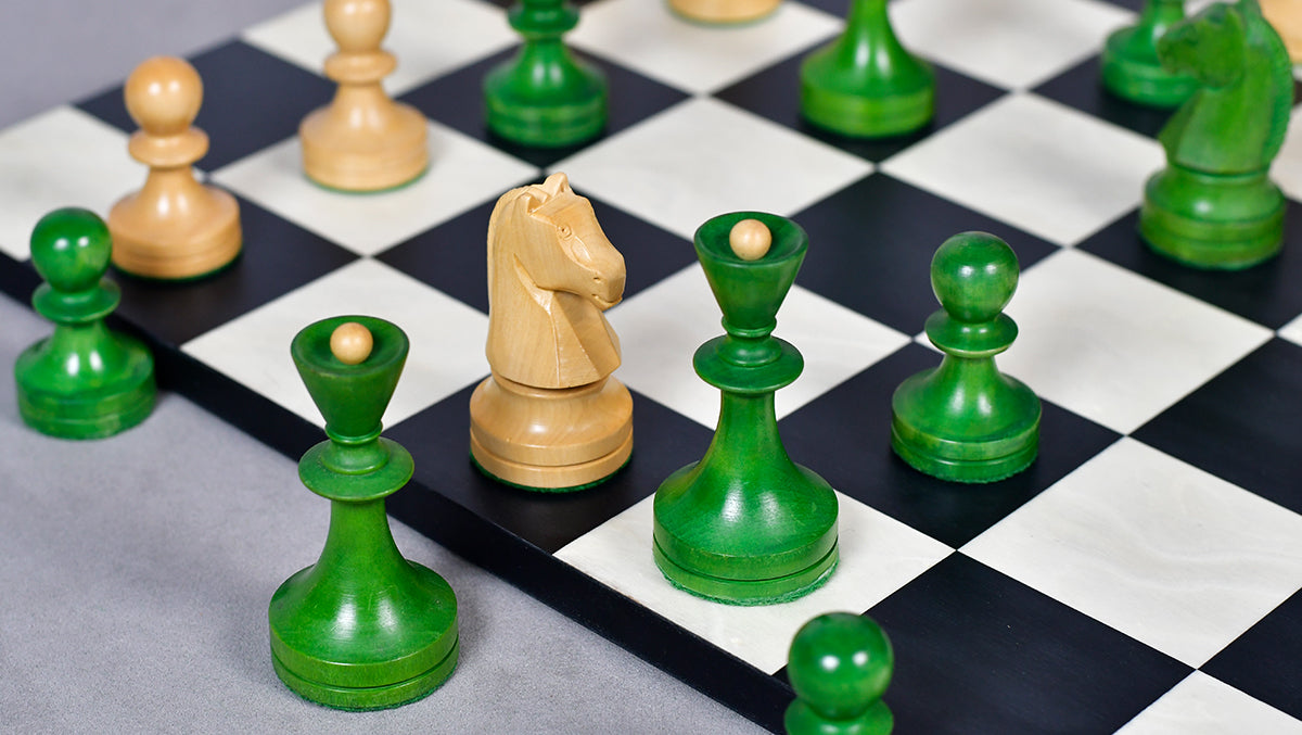 Soviet Era wooden chess pieces, 95mm king, Stained green ash burl finish