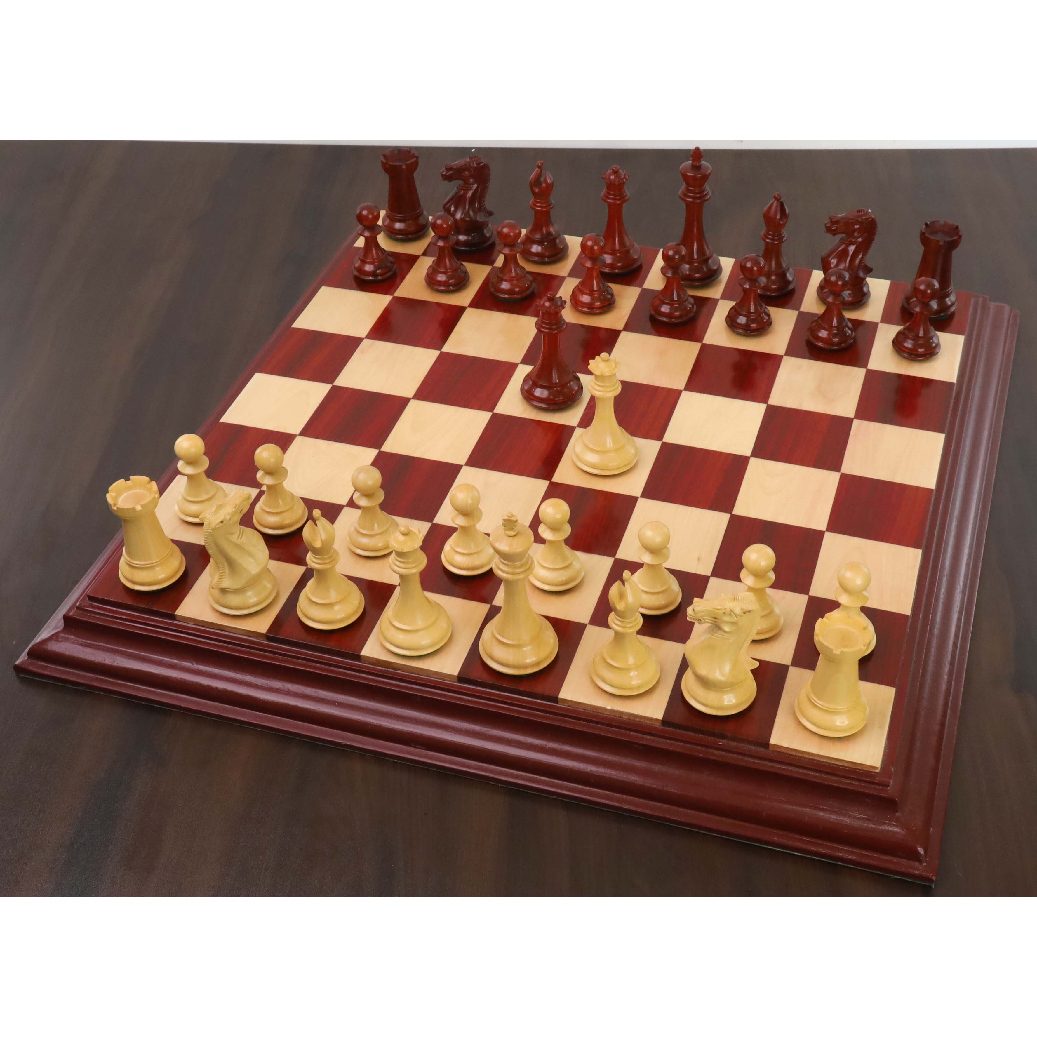 Bud Rosewood (African Padauk) and Boxwood chessmen sized for 55 to 60 mm squares