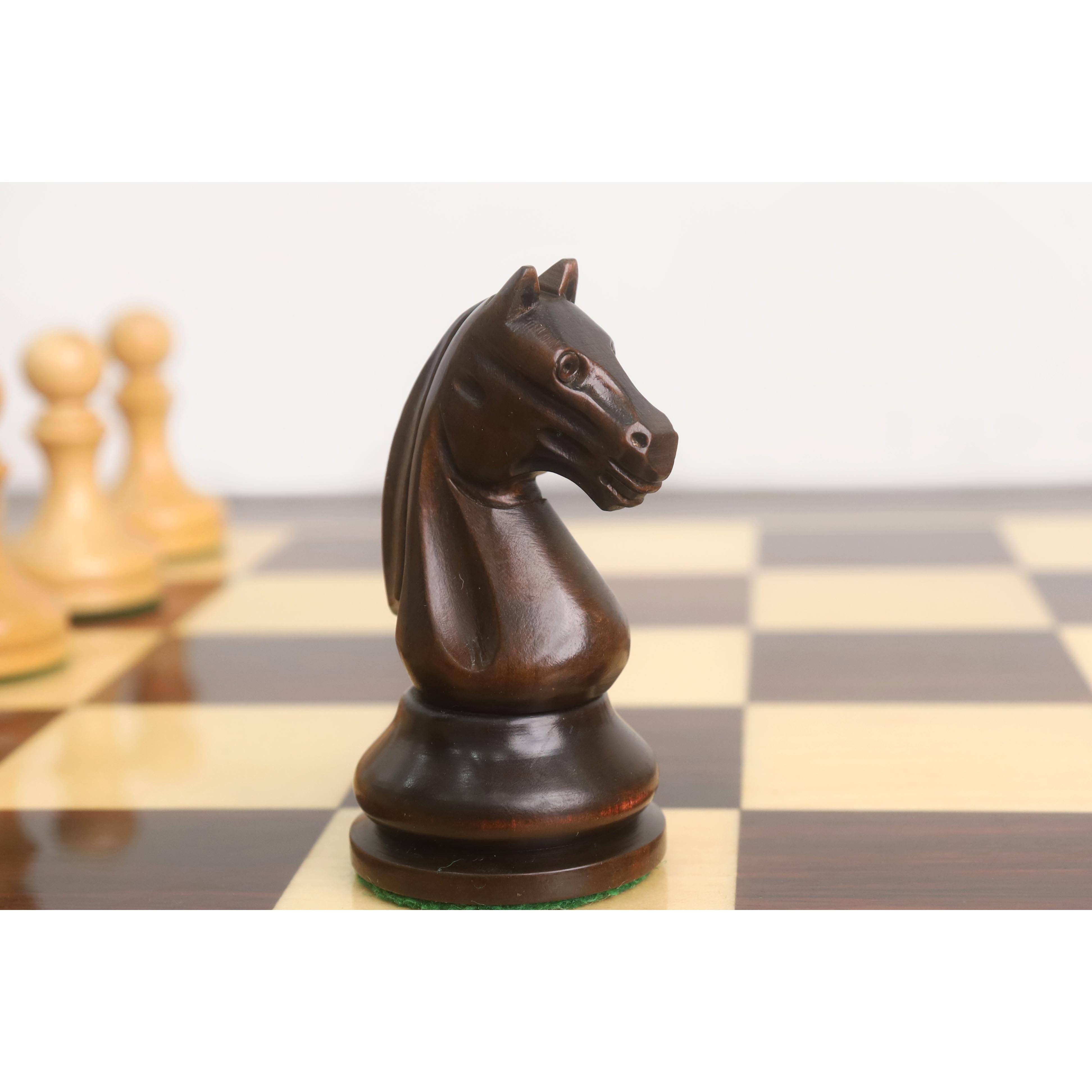 Mahogany Stained Boxwood and Boxwood chessmen sized for 50 to 55 mm squares