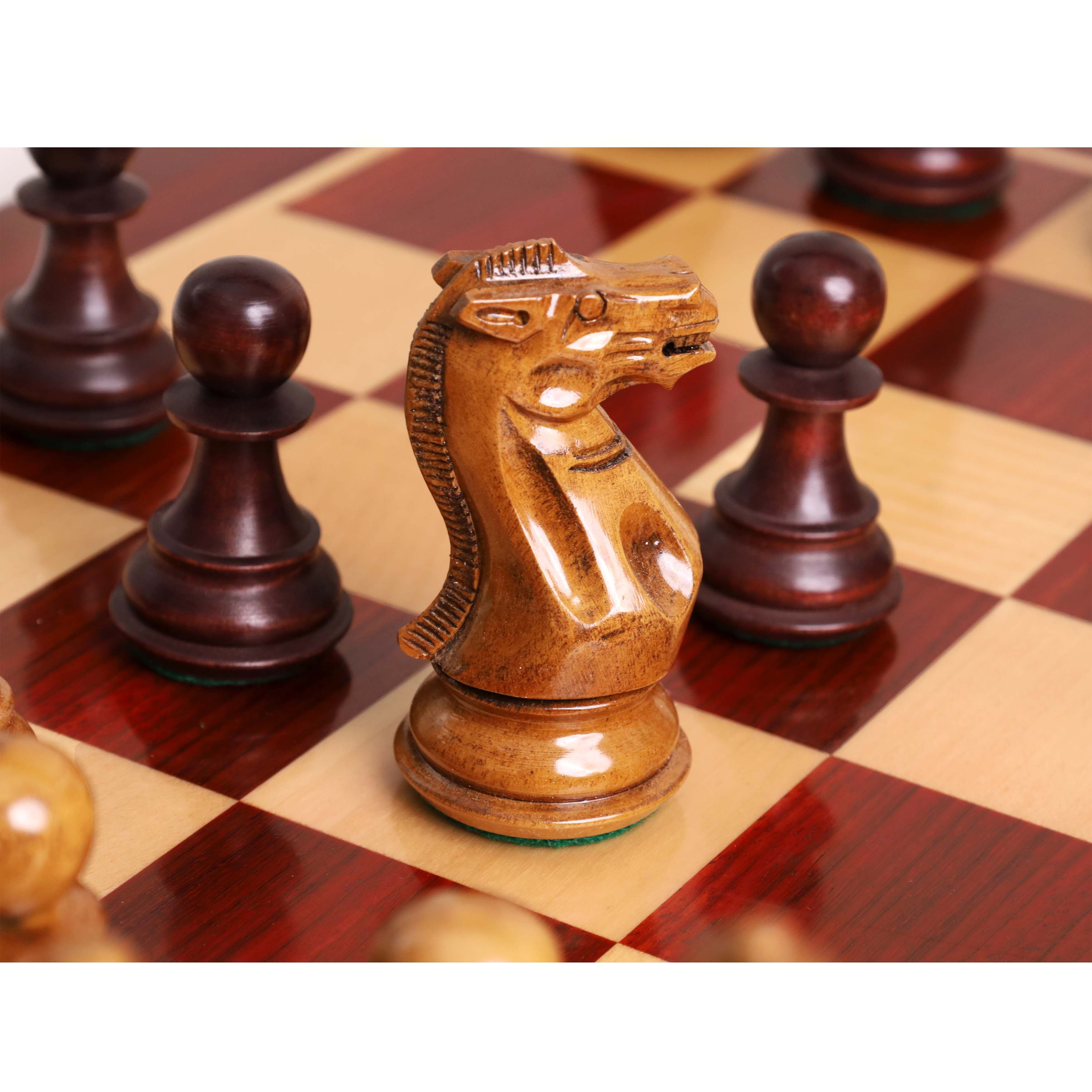 Mahogany Stained Boxwood and Distress Antiqued Boxwood chessmen sized for 55 to 60 mm squares