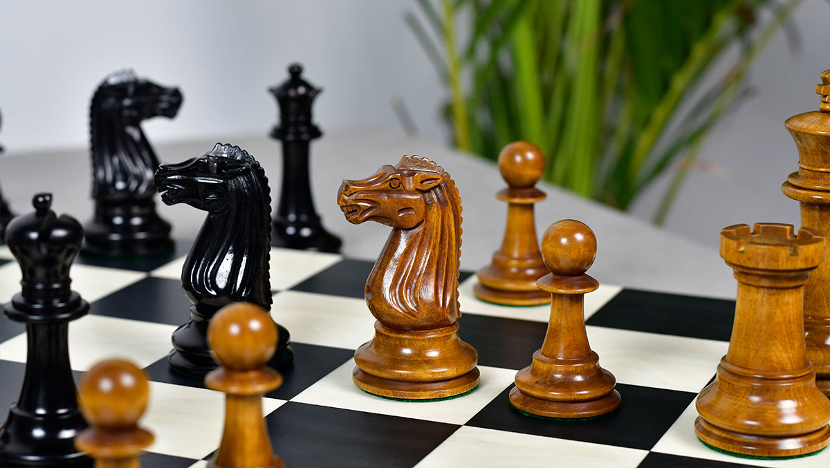 1887 Turner Teich Staunton wooden chess pieces, 103mm king, Ebony and antiqued finish
