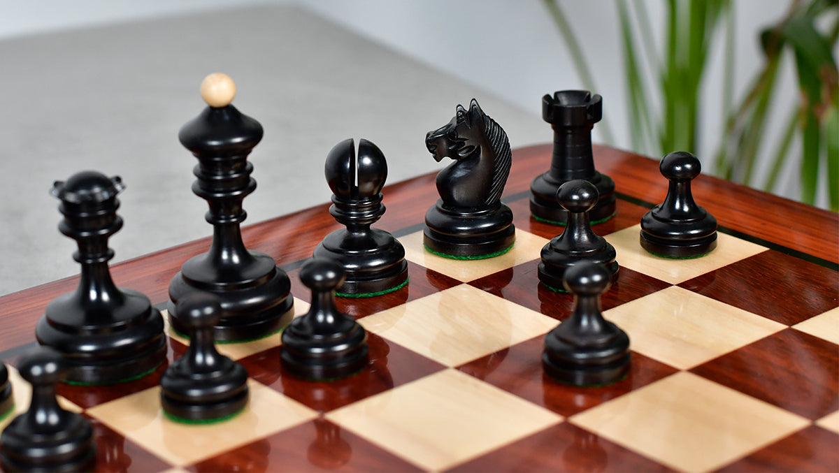 Knight carving detail on the 1930 Knubbel Analysis chess pieces in ebonised and natural boxwood