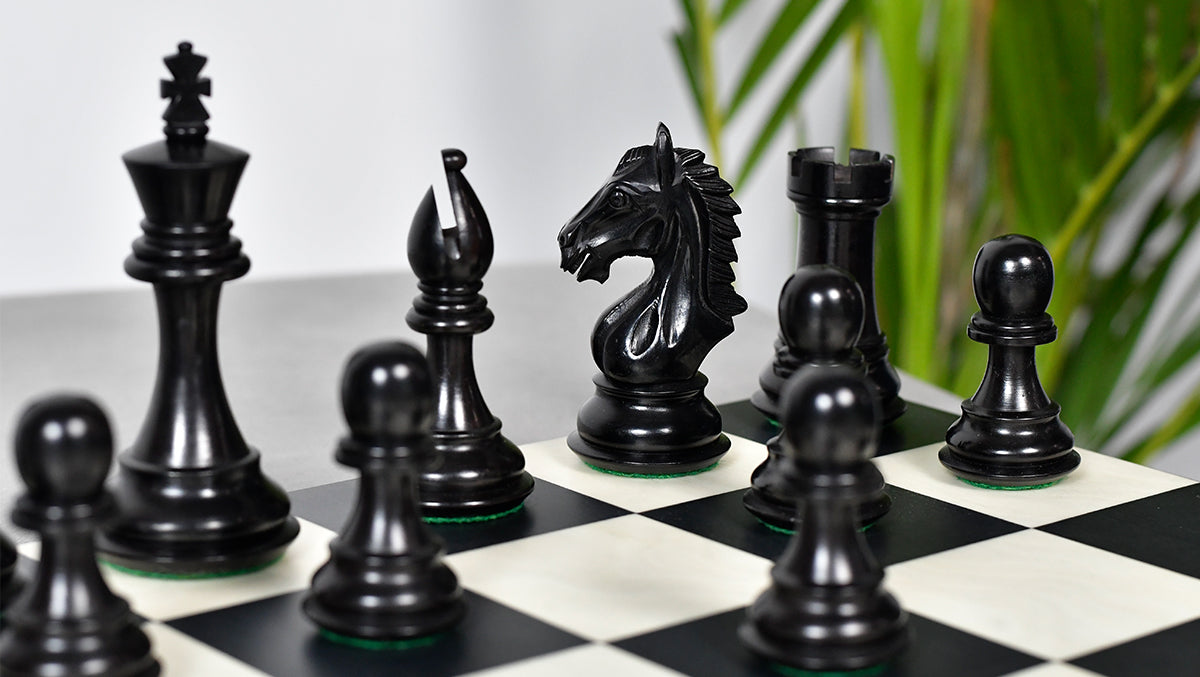 Knight carving detail on the Derby Knight chess pieces in ebonised boxwood and boxwood