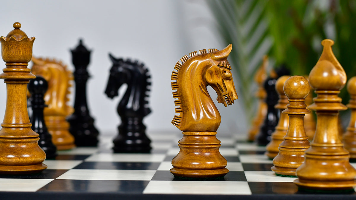 Antiqued boxwood and ebony War Admiral chess pieces sized for 55mm squares