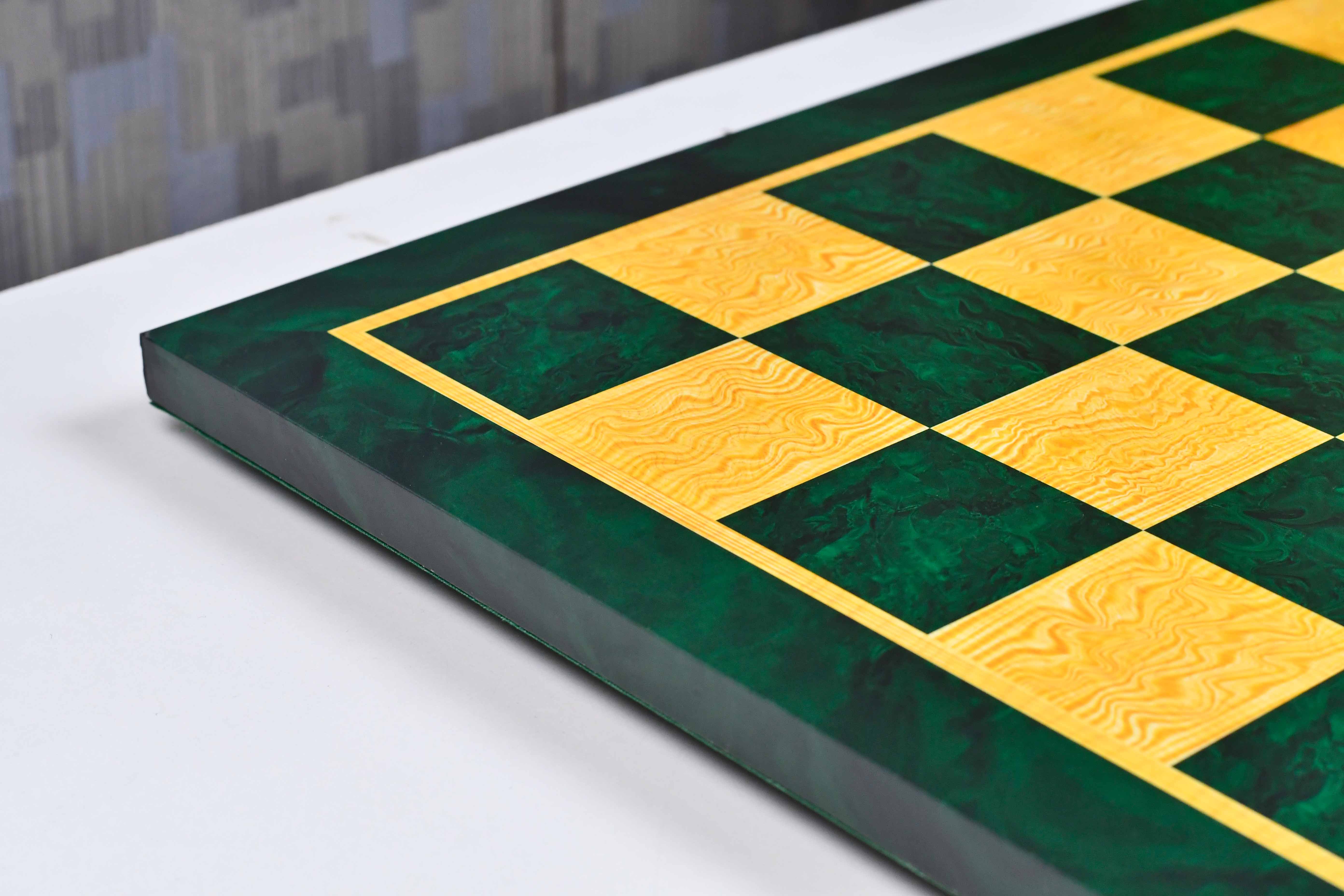 Green burl chess board showing its 19mm thickness