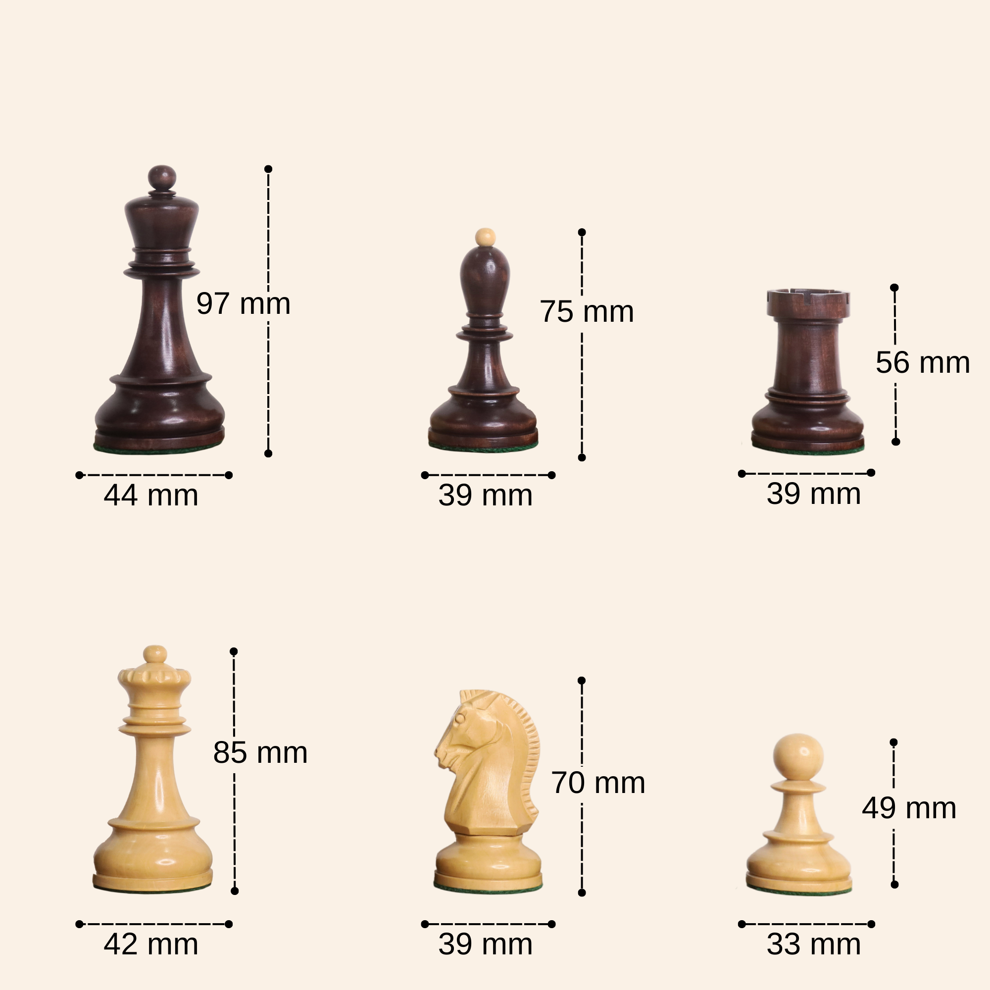 Mahogany Stained and Boxwood chessmen at 675 grams complete