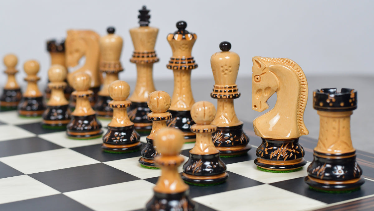 Full 34 piece 1959 Russian Zagreb Staunton pieces in burnt boxwood, Sterling Chess Australia