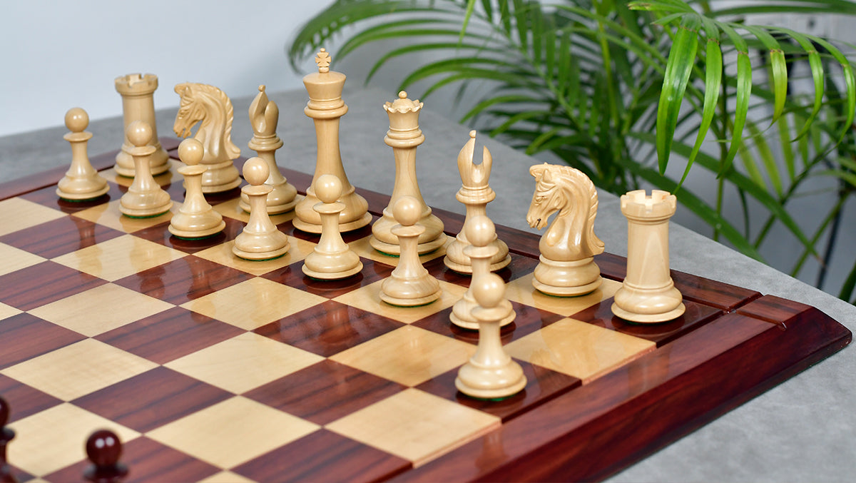 Hand carved bud rosewood and boxwood Imperial chess pieces, triple weighted