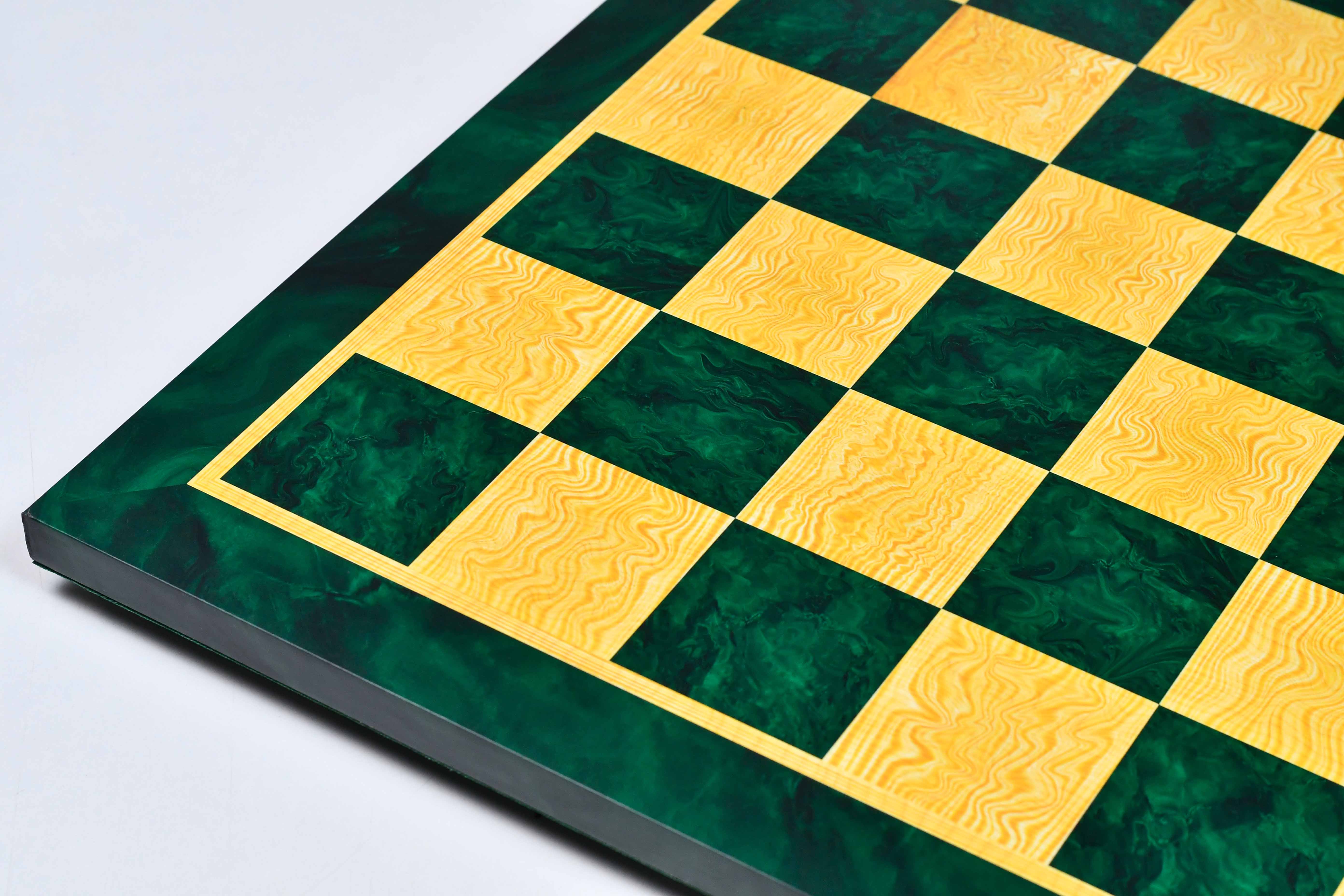 Green burl MDF tournament chess board, green velvet underside
