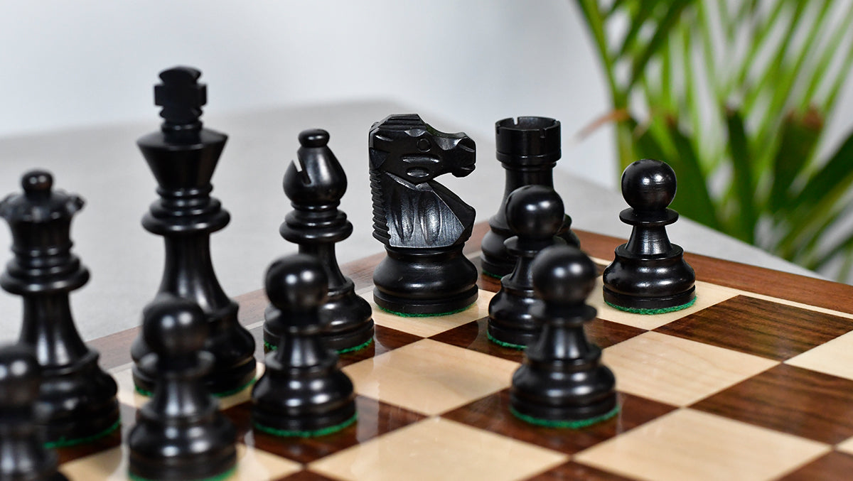 French Lardy Compact wooden chess pieces, 76mm king, Ebonised finish