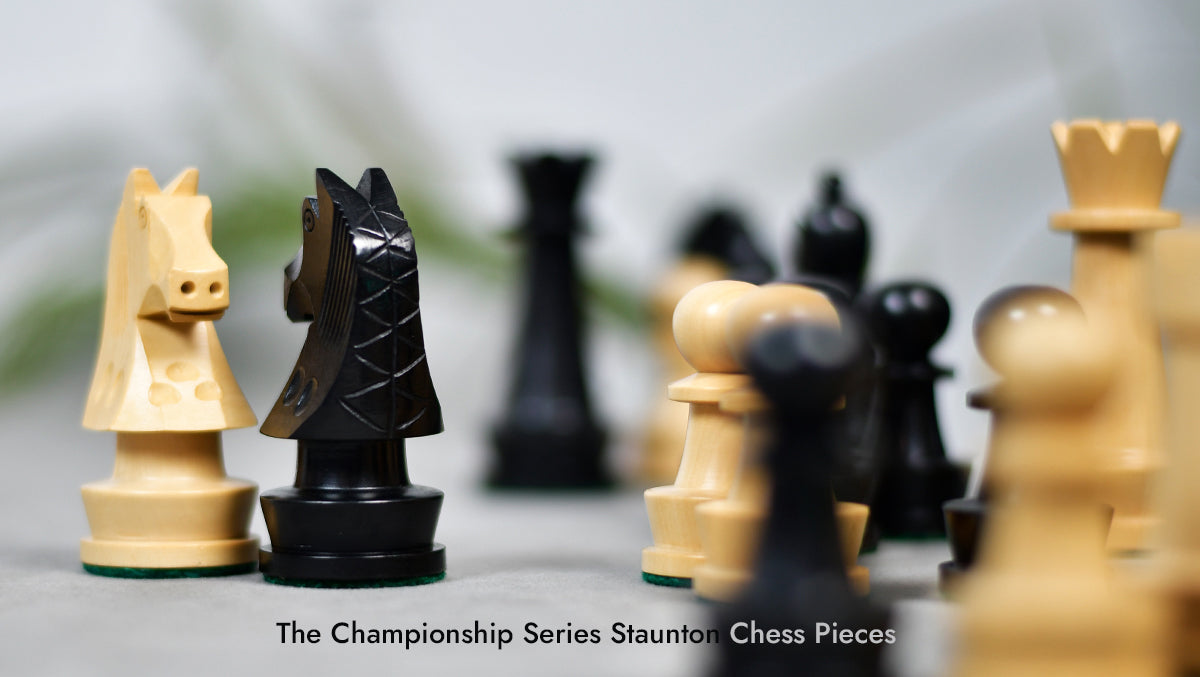Knight carving detail on the Championship Staunton chess pieces in ebonised and natural boxwood