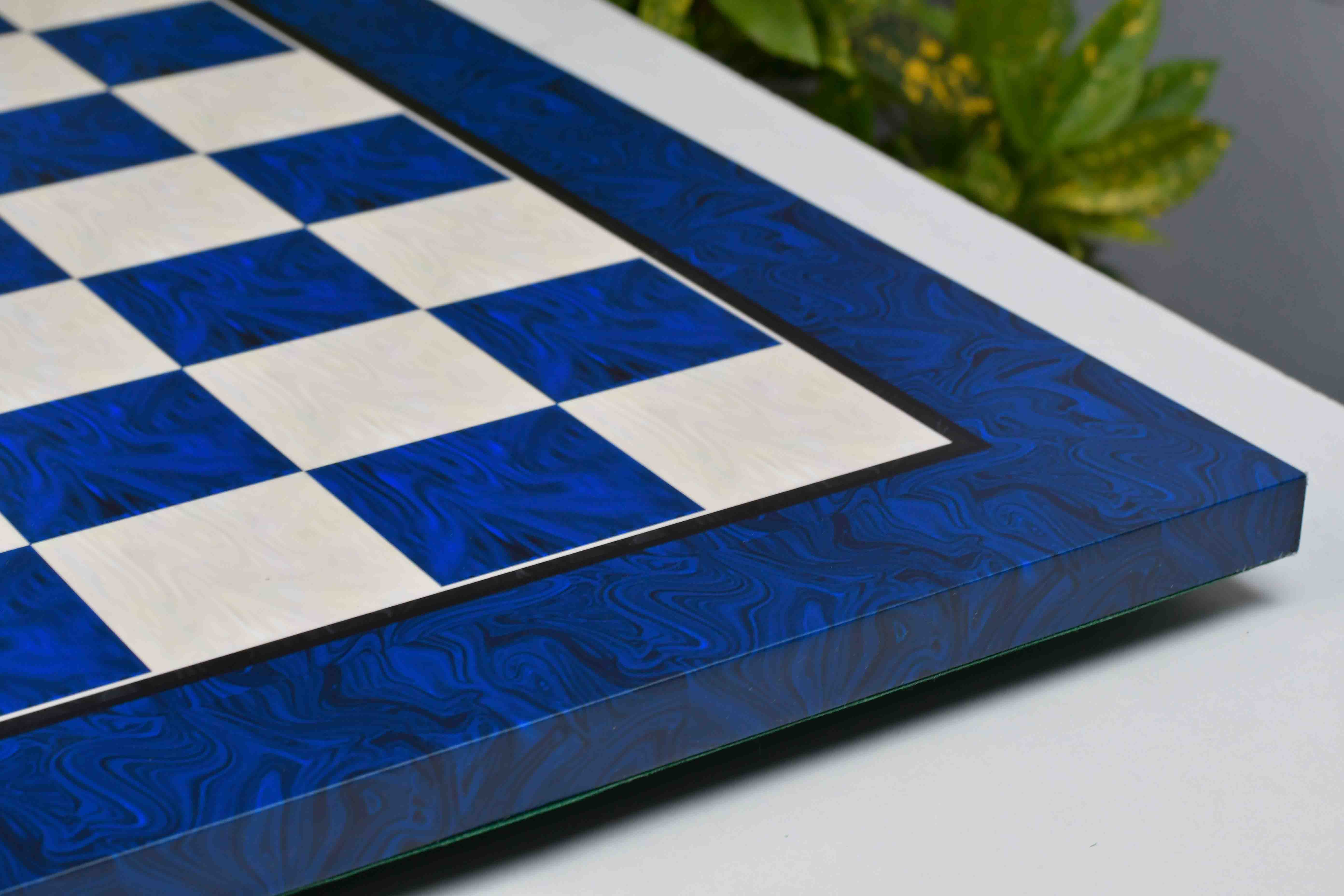 Blue burl MDF tournament chess board, green velvet underside