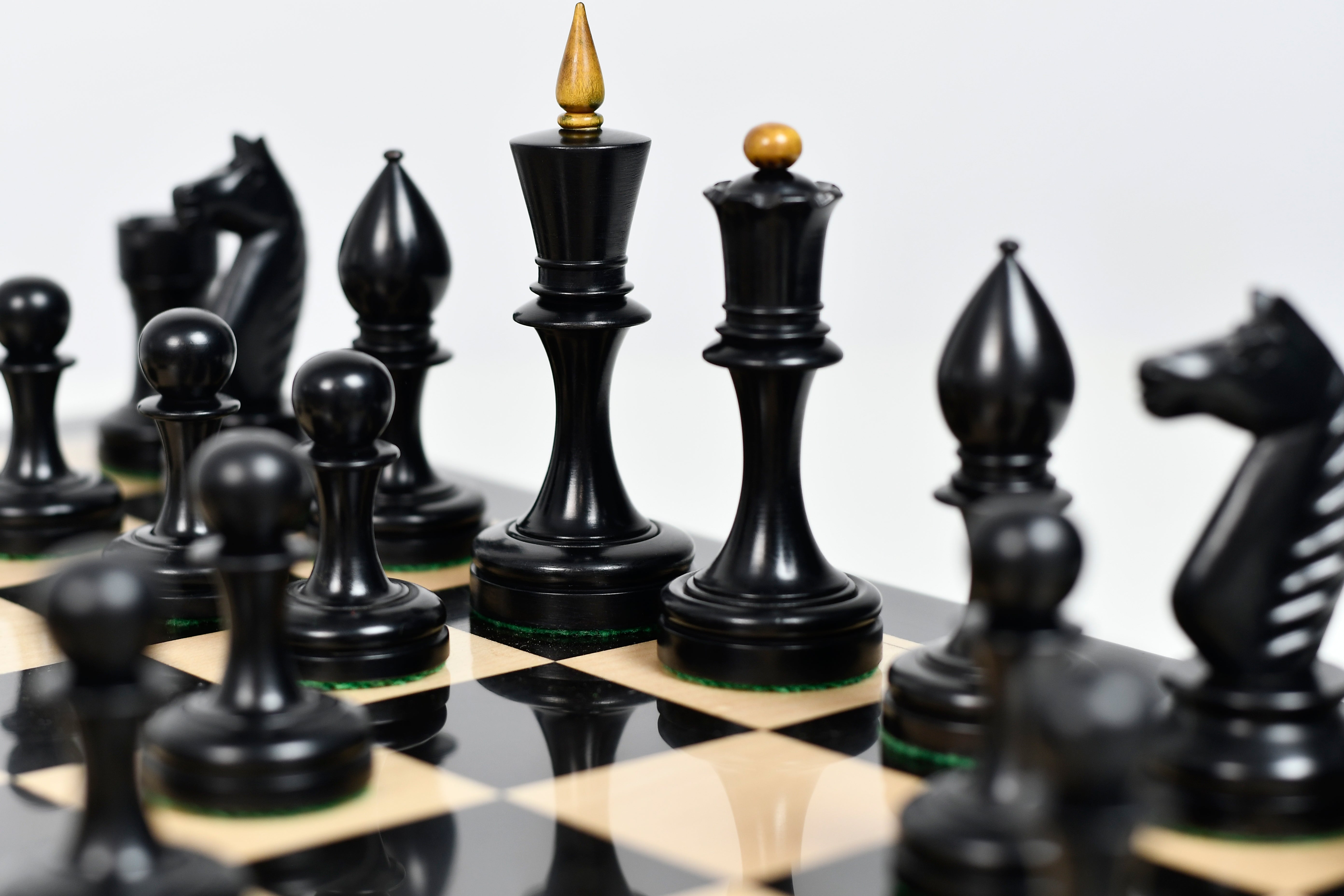 Ebonised wooden chess pieces, 105mm king, Sterling Chess Australia