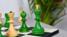 Full 34 piece Soviet Era chess pieces in stained green ash burl and boxwood, Sterling Chess Australia