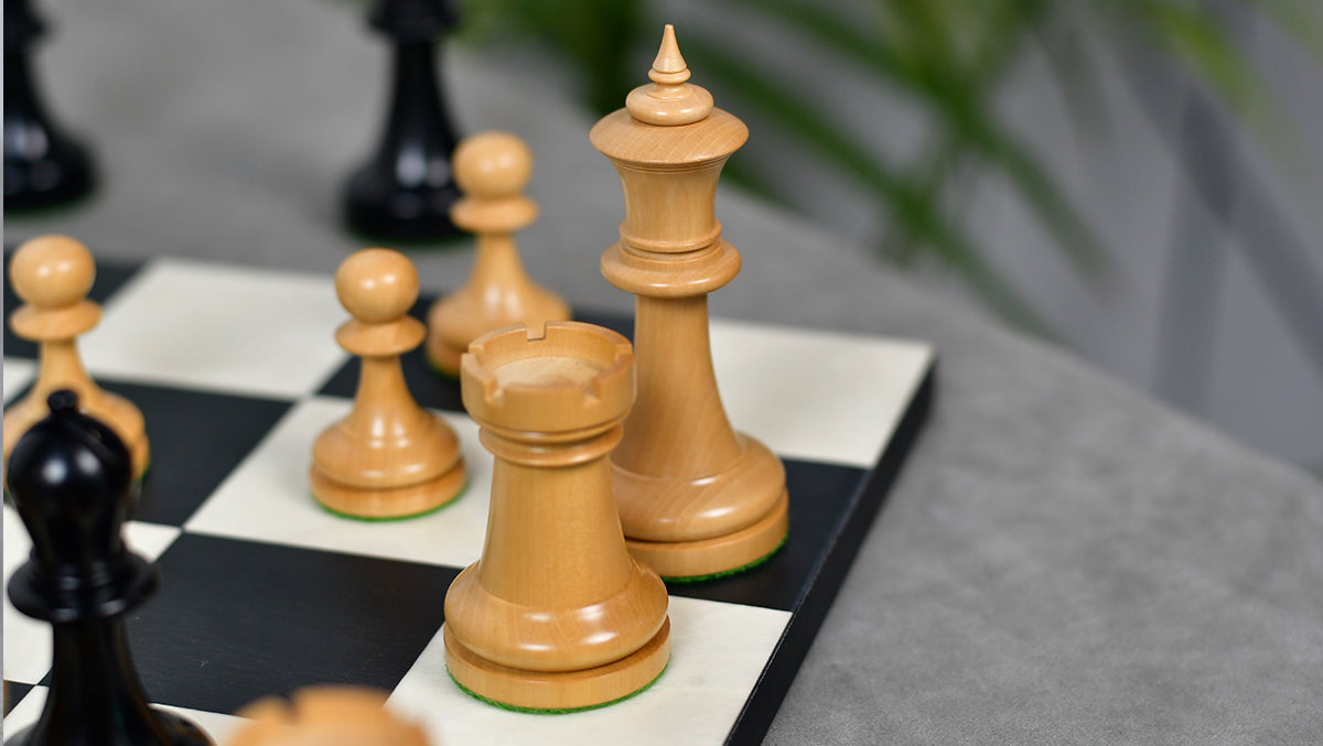 Full 34 piece 1904 American Chess Co. chess set in ebony and natural boxwood, Sterling Chess Australia