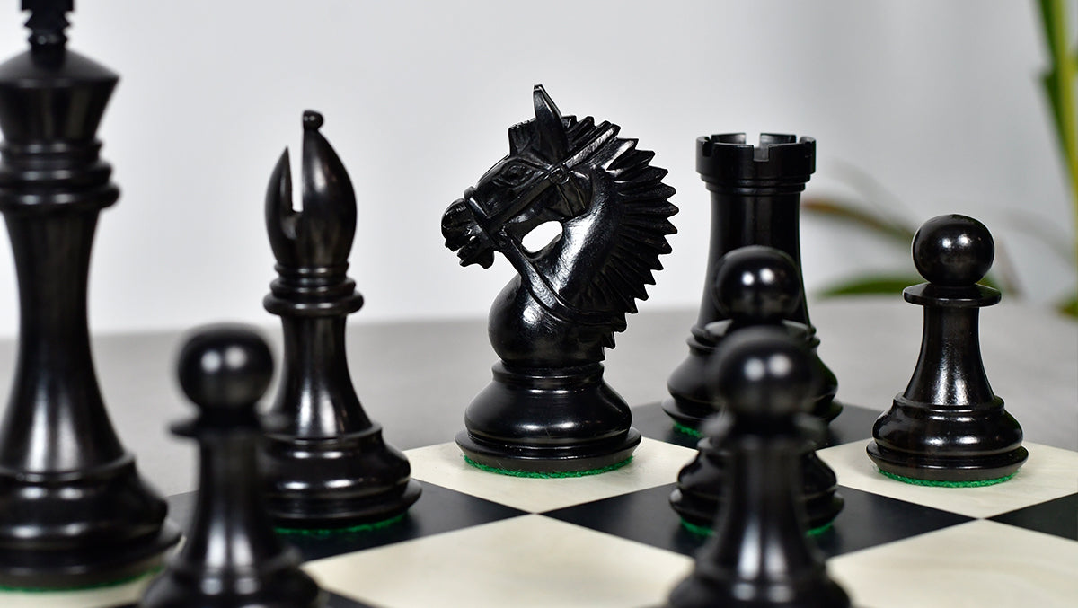 Knight carving detail on the American Bridle chess pieces in ebony and boxwood