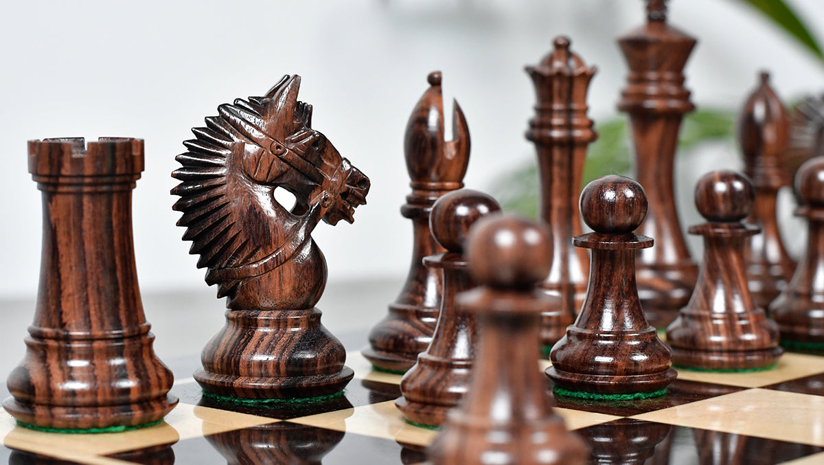 Knight carving detail on the American Bridle chess pieces in rosewood and boxwood