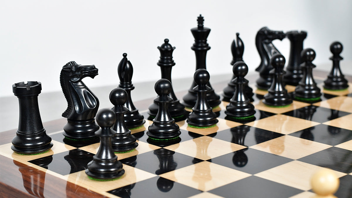 Full 34 piece Dominator Staunton chess pieces in genuine ebony and boxwood, Sterling Chess Australia