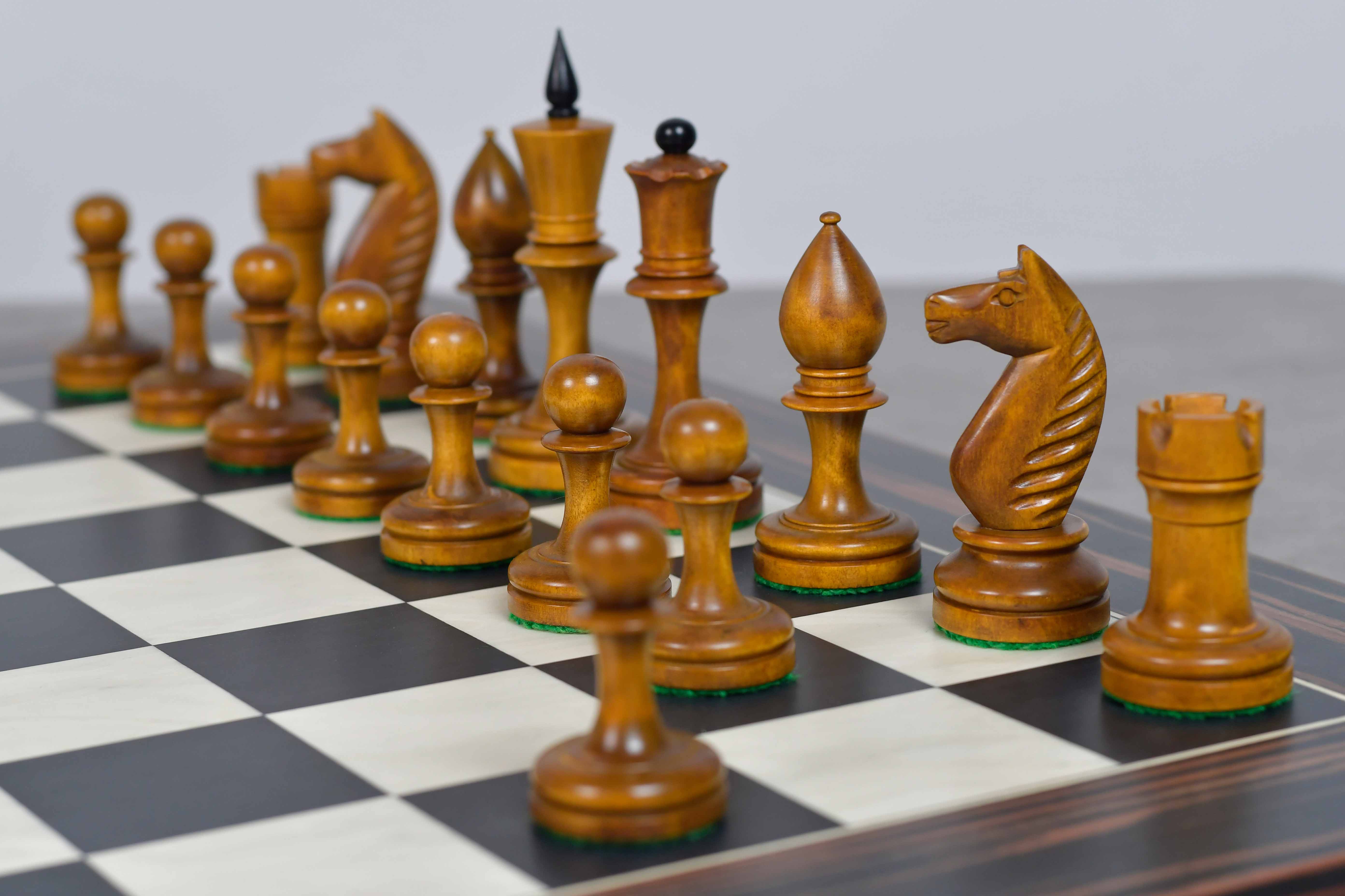 Knight carving detail on the Averbakh 1949 Moscow Championship chess set in ebonised and antiqued boxwood