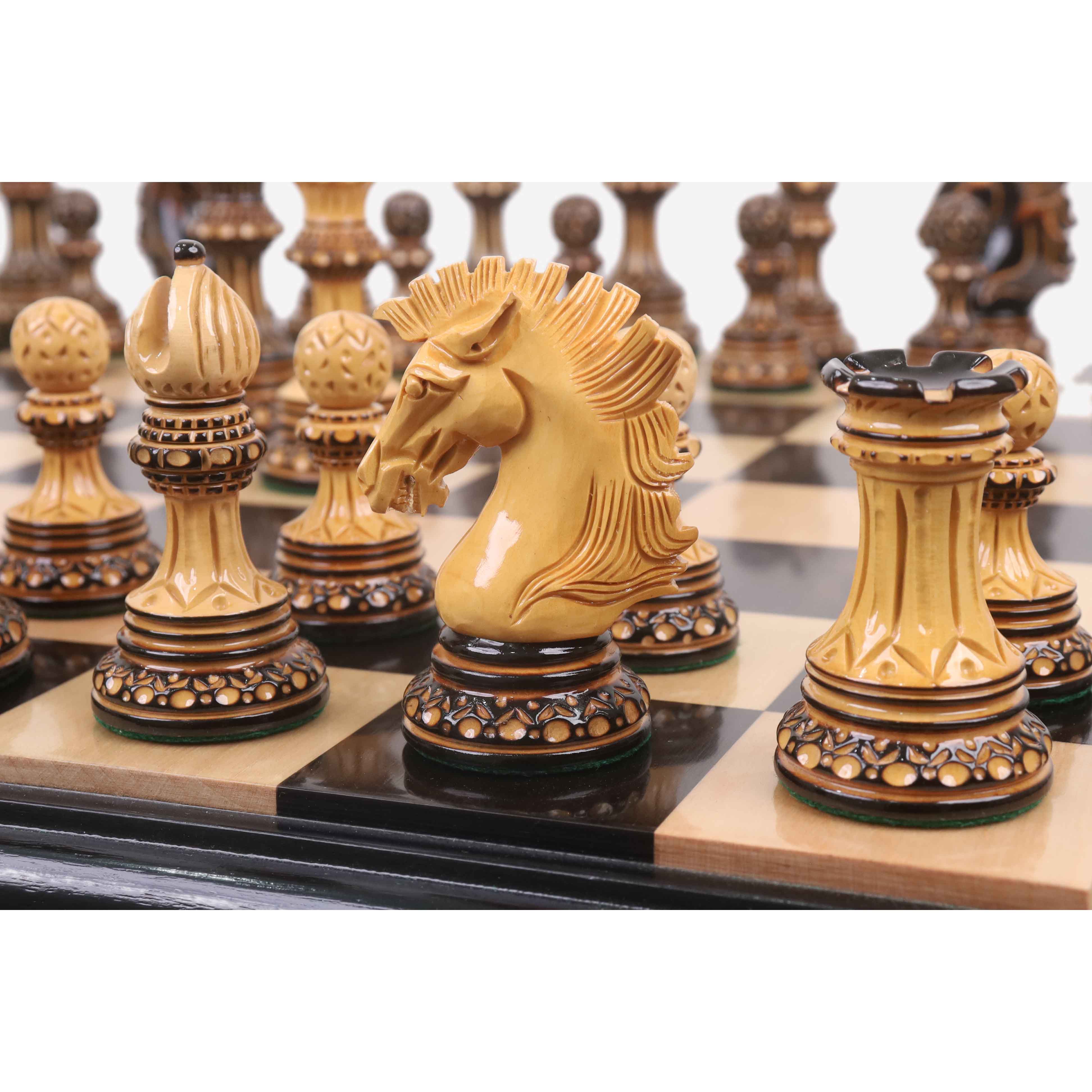 Black Lacquered Burnt Boxwood and White Lacquered Burnt Boxwood chessmen with a 49mm king base