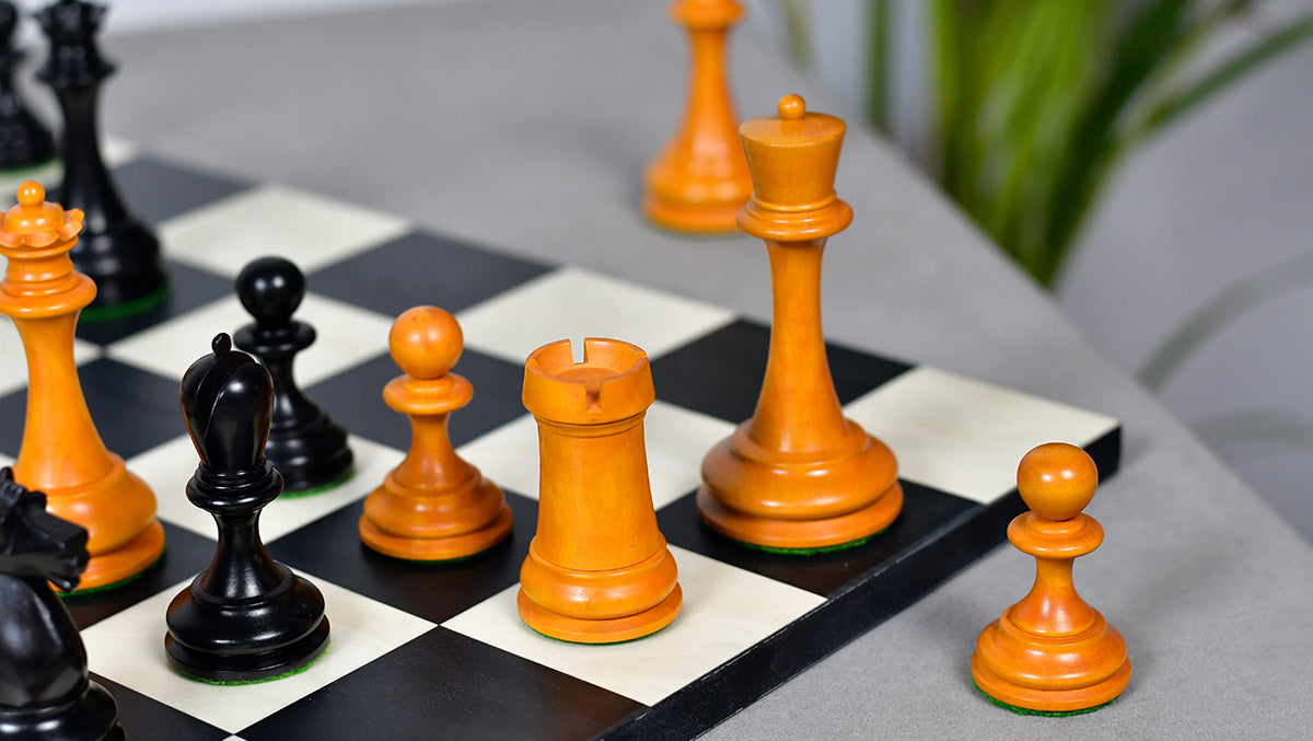 Full 34 piece B and Co 1860s Antique chess pieces in genuine ebony and antiqued boxwood, Sterling Chess Australia