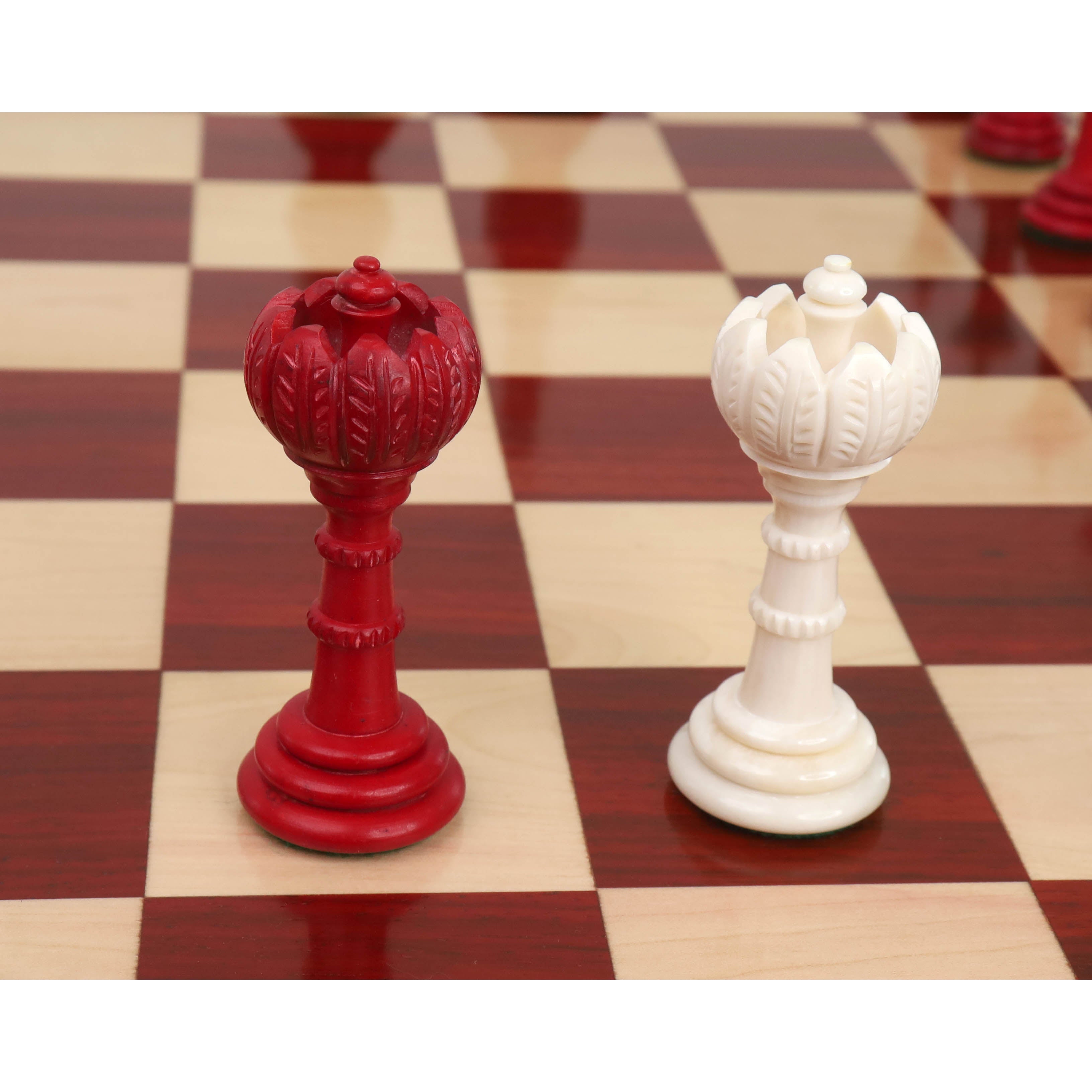 Turkish Tower Pre-Staunton chess pieces in crimson & white camel bone, 118mm king