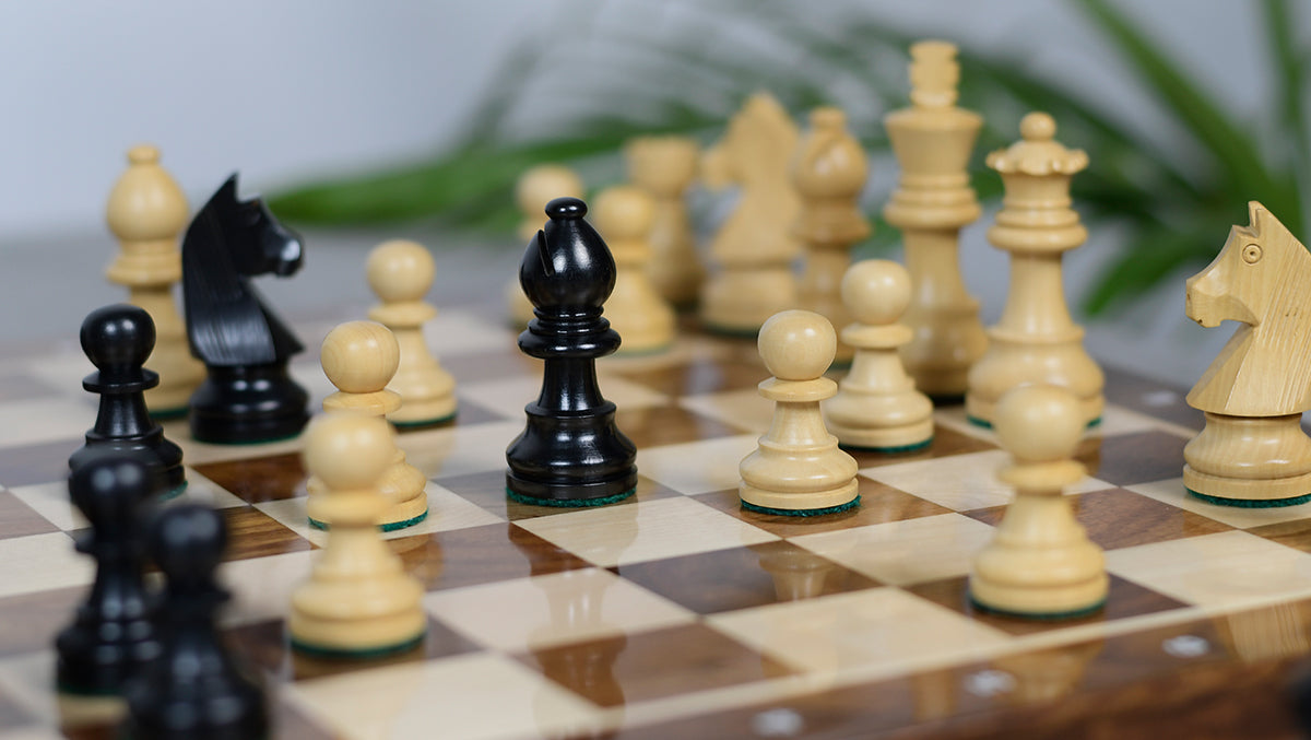 Tournament Staunton German Knight wooden chess pieces, 77mm king, Ebonised finish