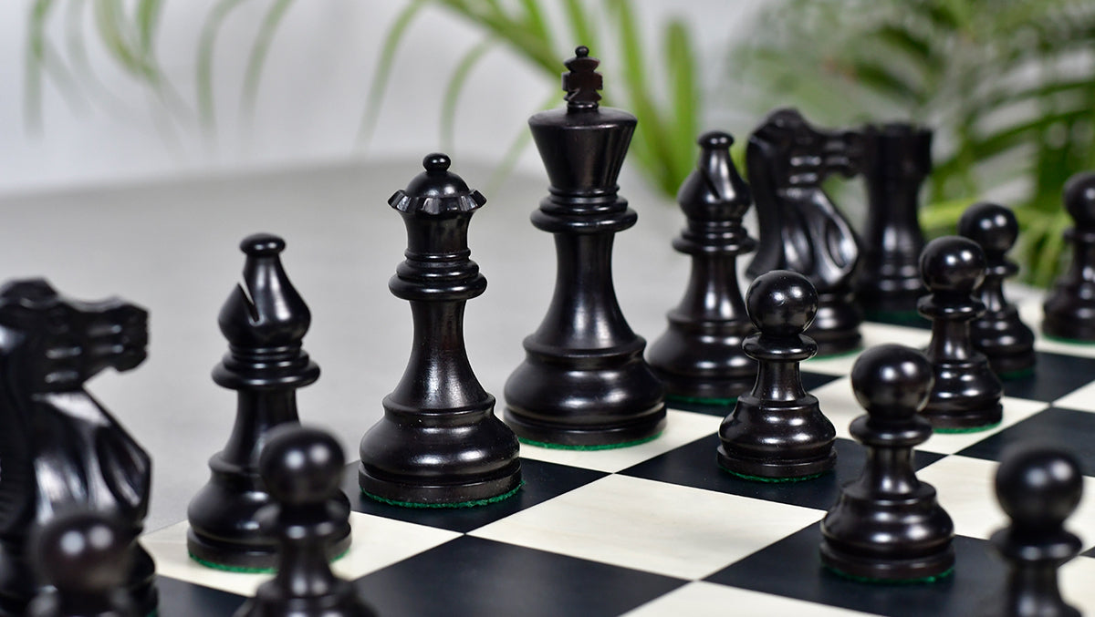 Full 34 piece Smokey Staunton chess set in ebonised and natural boxwood, Sterling Chess Australia