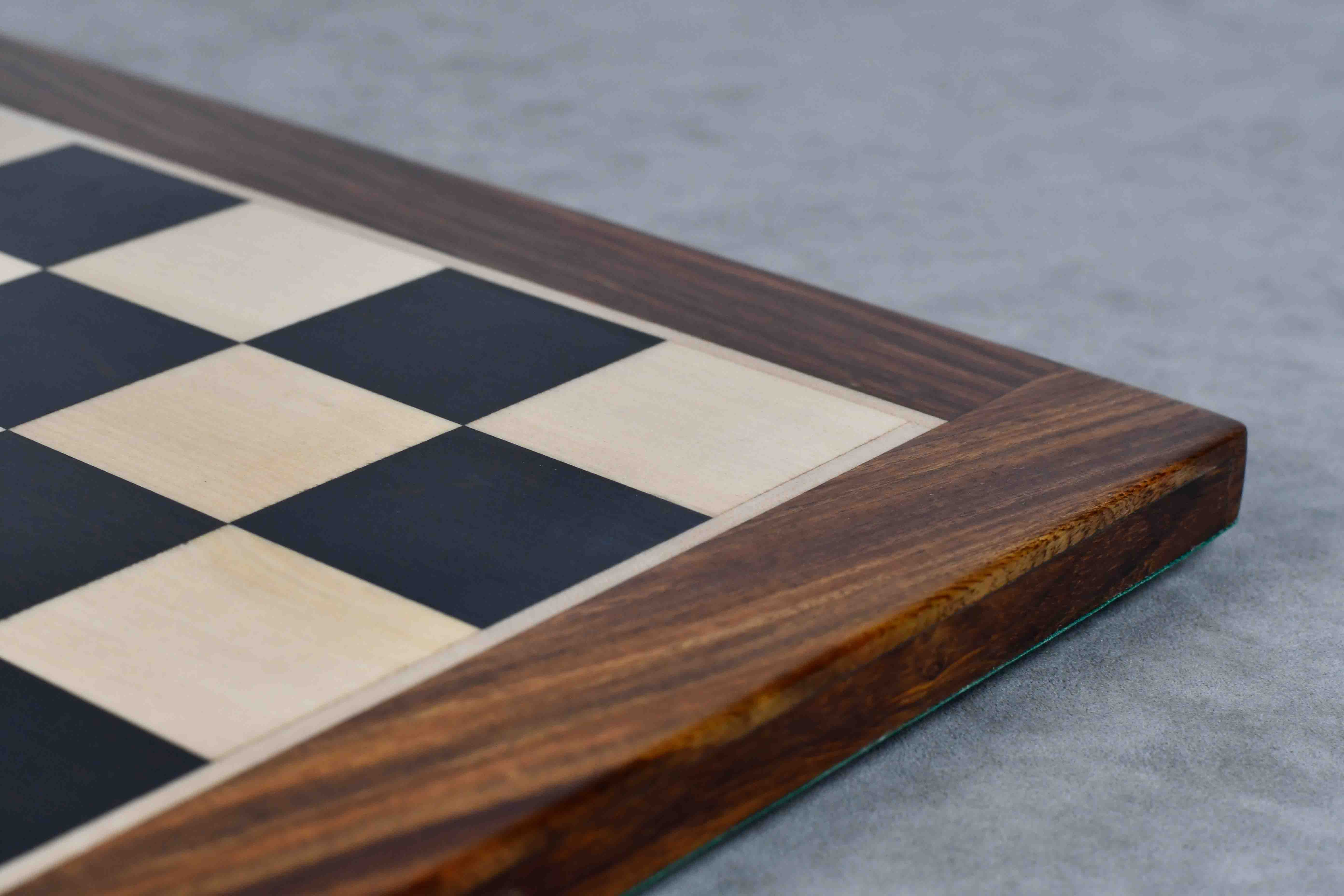 Indian ebony and maple 17 inch chess board with a sheesham border