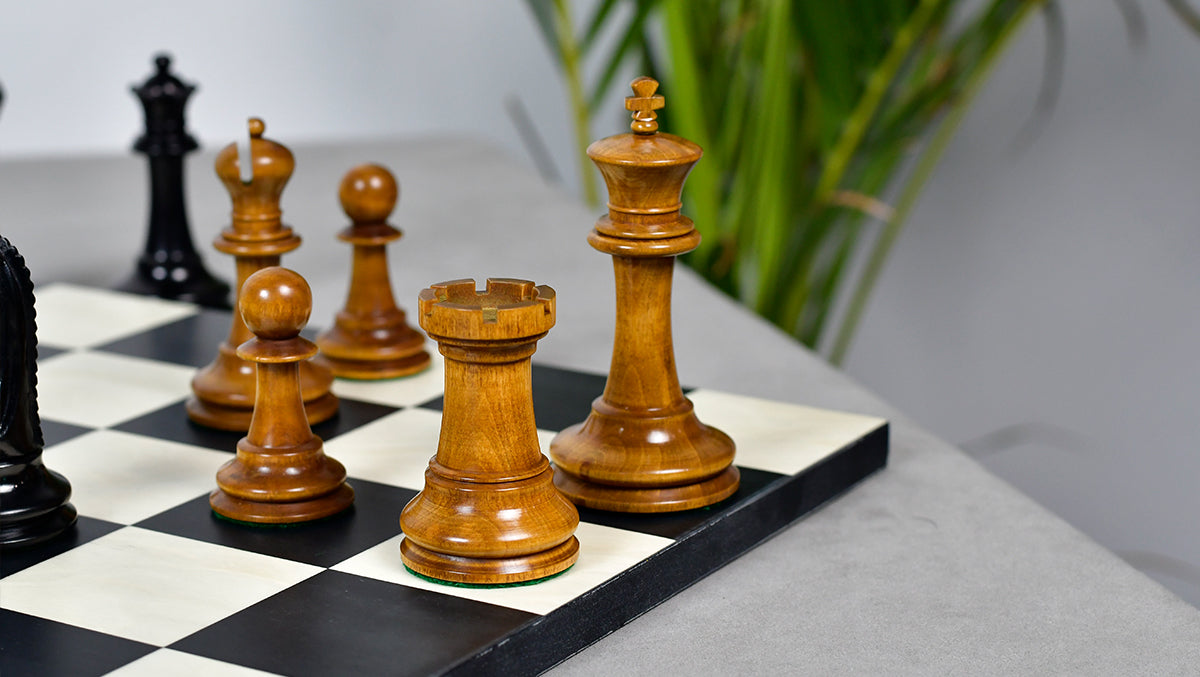 Full 34 piece 1887 Turner Teich Staunton chess set in ebony and antique boxwood, Sterling Chess Australia