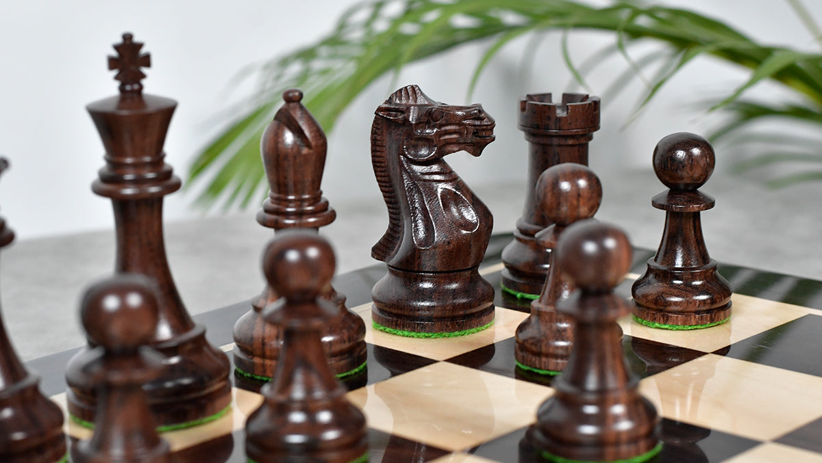 Knight carving detail on the Prestige Staunton Series chess pieces in anjan wood and natural boxwood