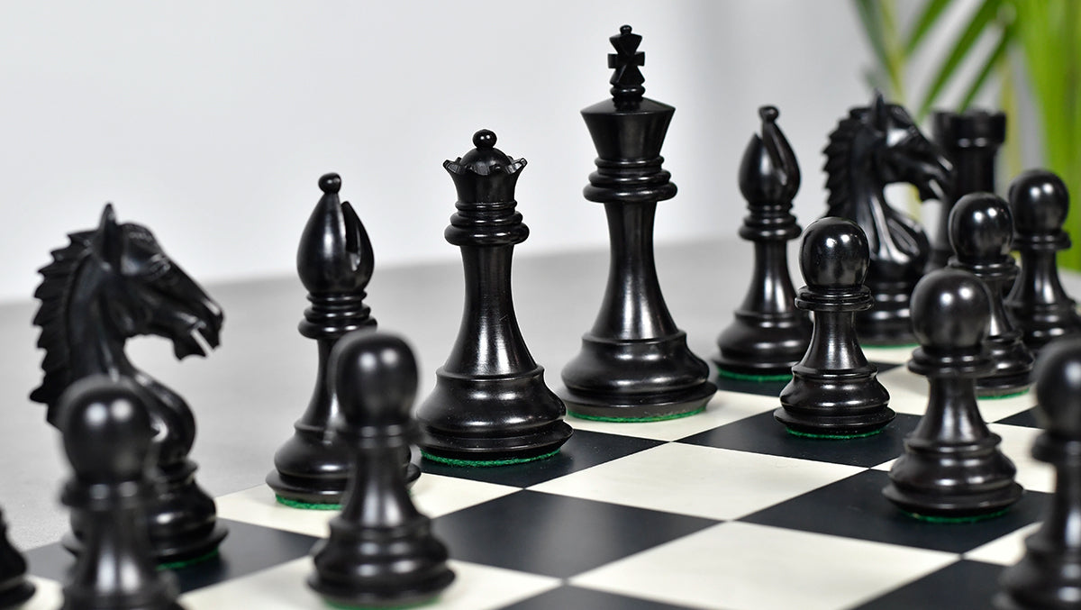 Derby Knight wooden chess pieces, 106mm king, Ebonised finish