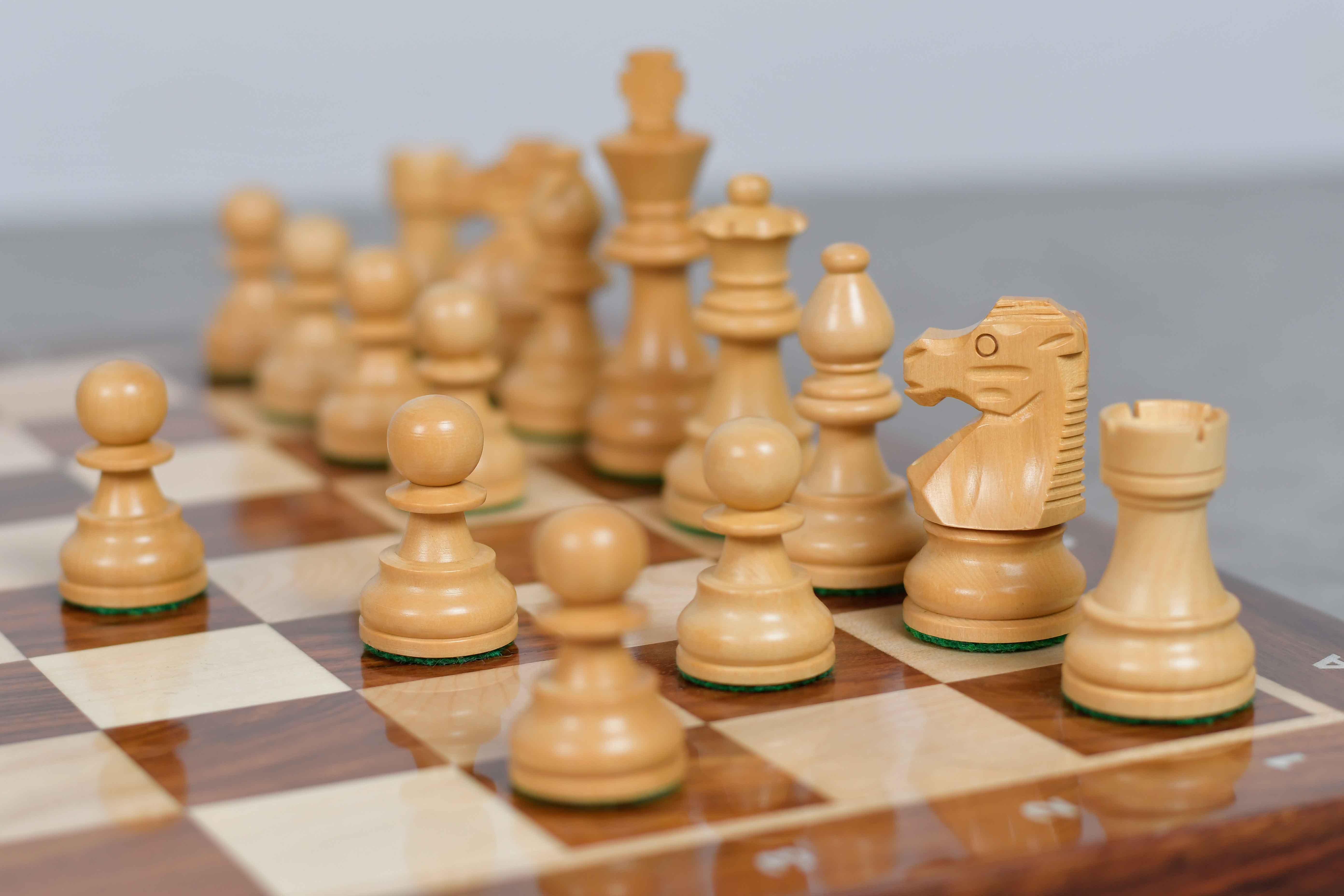 Full French Lardy Compact chess set with its 37cm sheesham and maple notation board, Sterling Chess Australia
