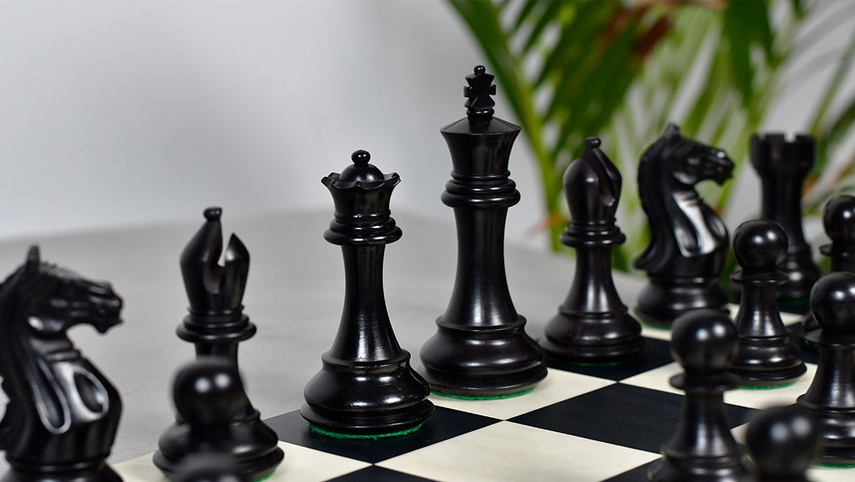 Ebonised wooden chess pieces, 103mm king, Sterling Chess Australia