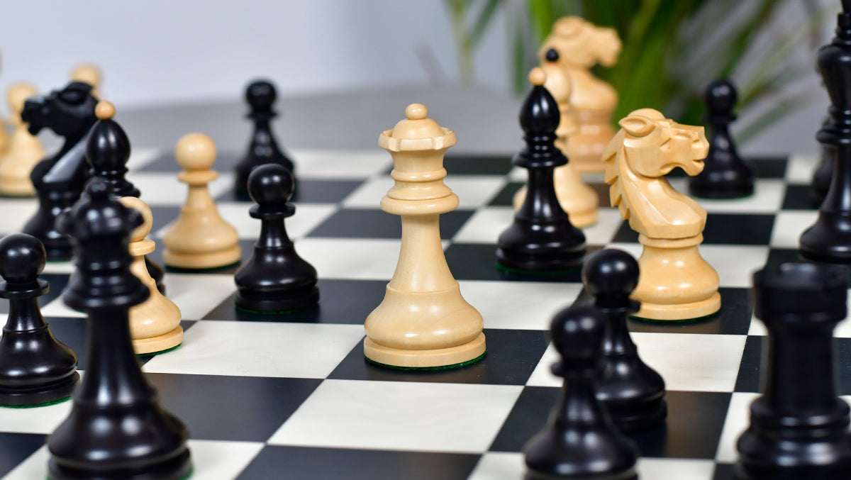 1950s Bohemia German wooden chess pieces, 99mm king, Ebonised finish
