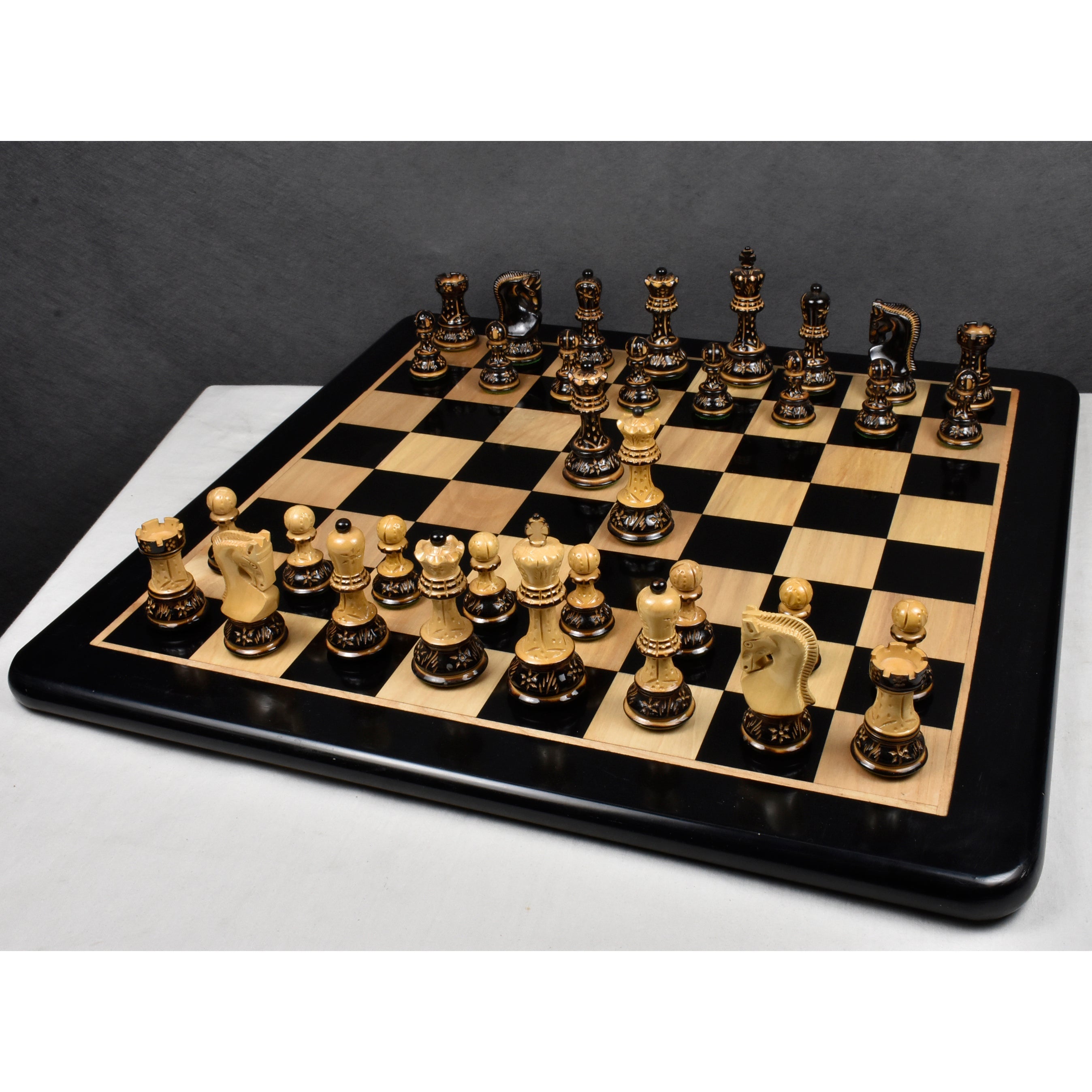 Weighted Burnt Zagreb Staunton chessmen seen from above