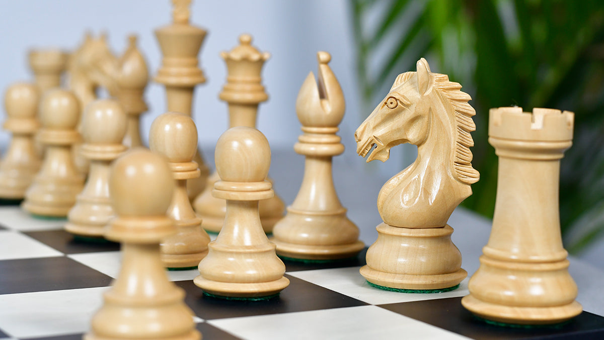 Full 34 piece Derby Knight chess set in ebonised boxwood and boxwood, Sterling Chess Australia