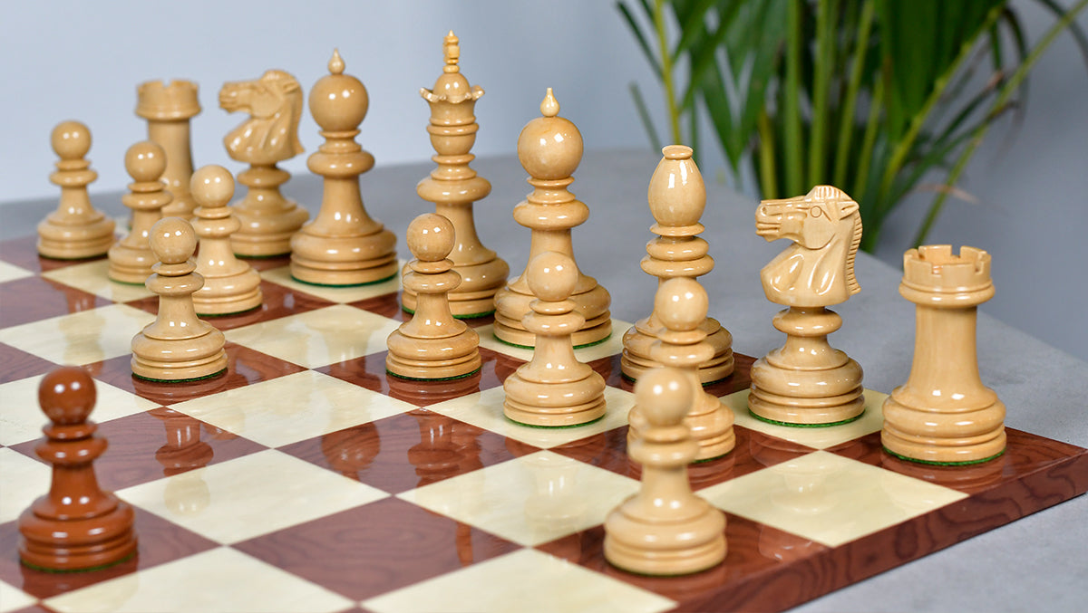 Full 34 piece William Hallett chess pieces in golden dyed wood and boxwood, Sterling Chess Australia