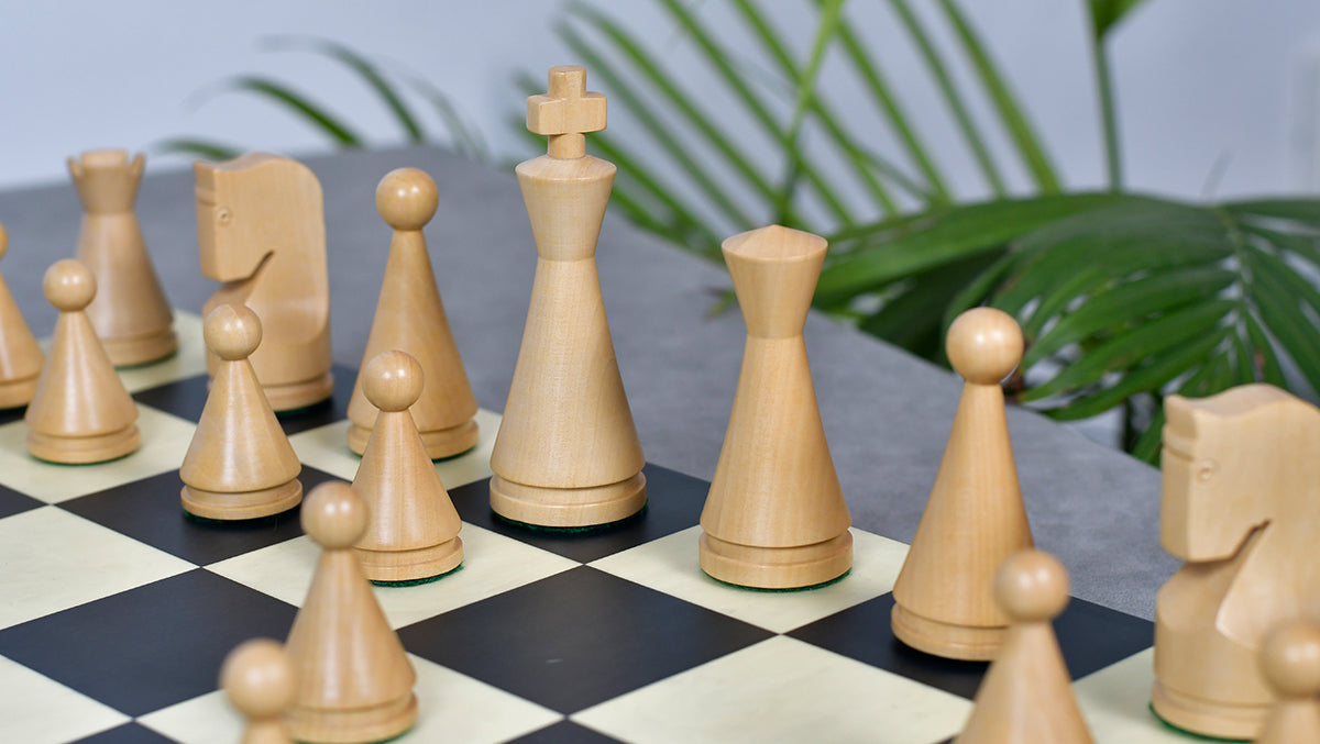 Full 34 piece Classic Cone Shaped chess set in ebonised and natural boxwood, Sterling Chess Australia