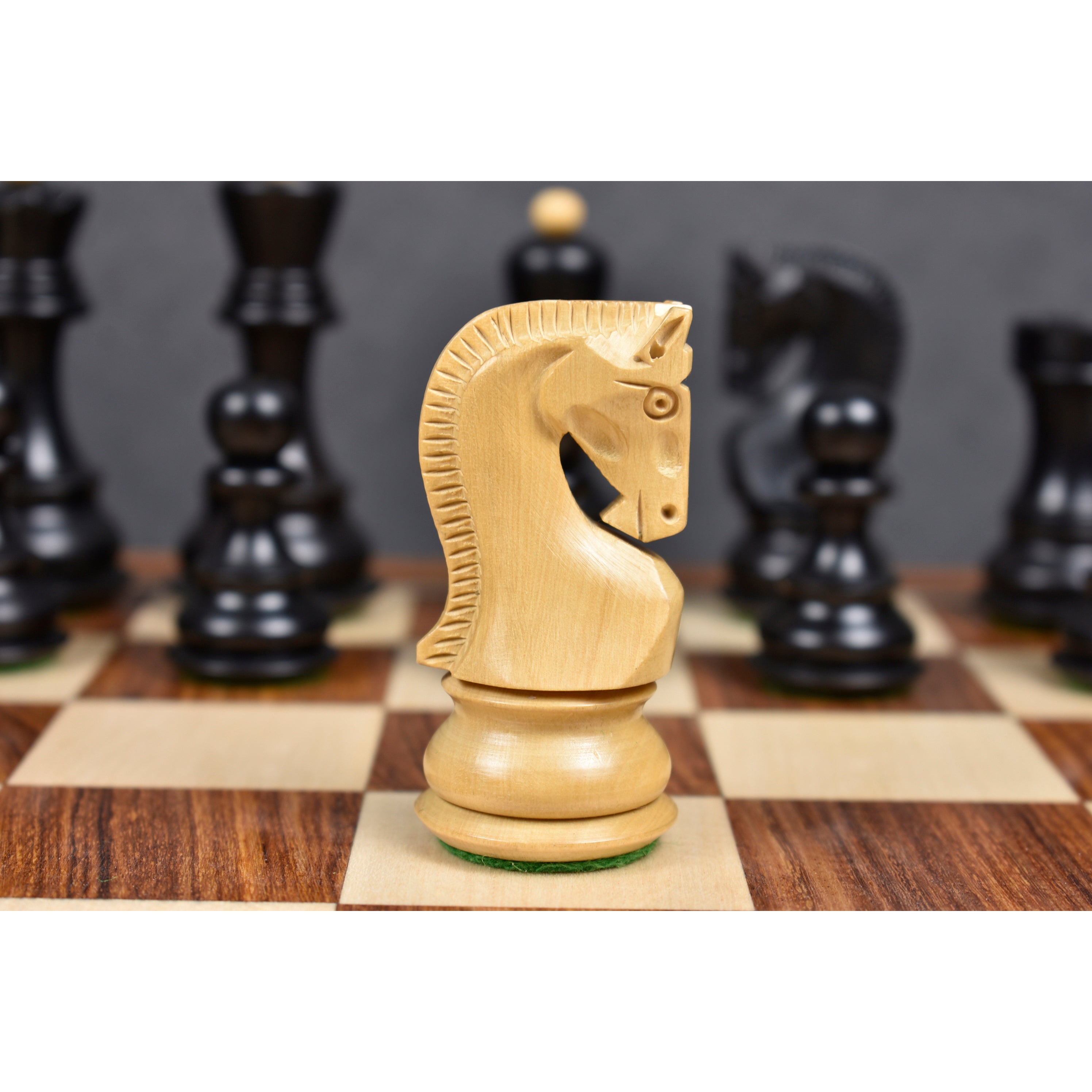 Ebonised boxwood and boxwood Russian Zagreb 59 Weighted chessmen