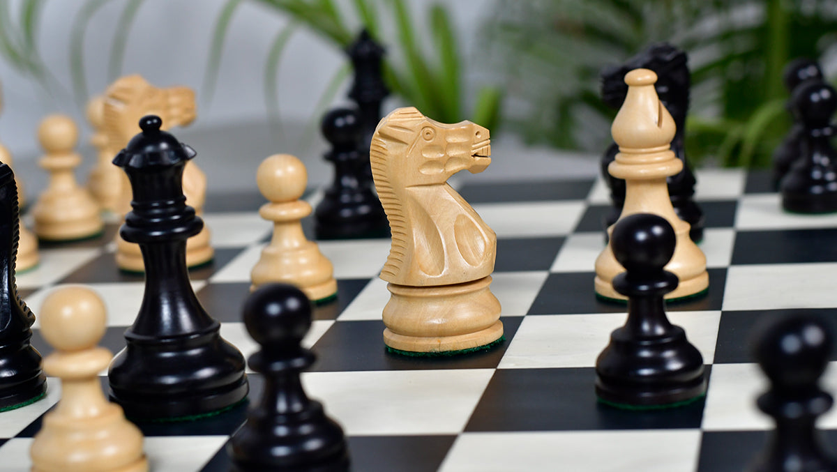 Knight carving detail on the Smokey Staunton chess pieces in ebonised and natural boxwood