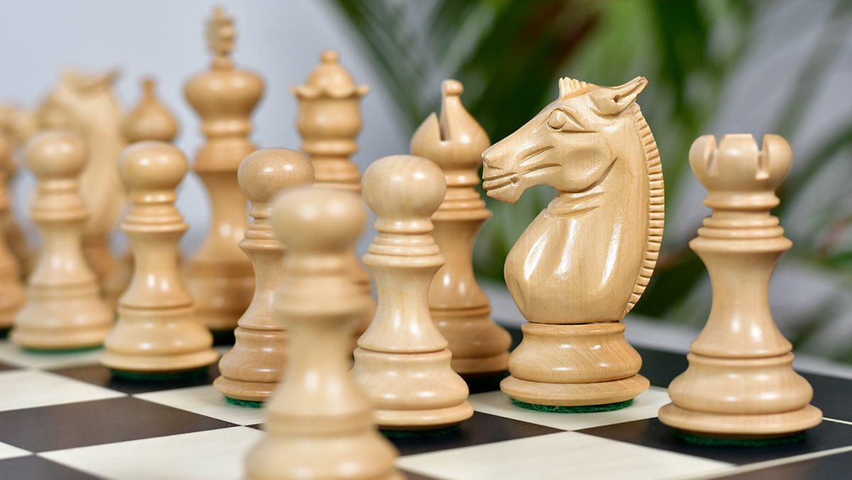 Full 34 piece Meghdoot Staunton chess set in ebony and boxwood, Sterling Chess Australia