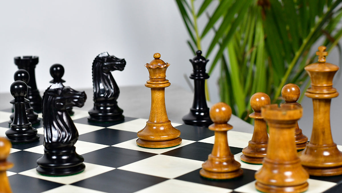 1887 Turner Teich chess pieces in ebony and antique boxwood, hand carved in India