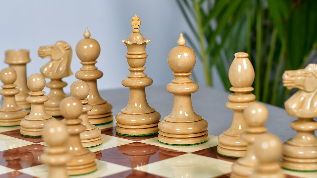 William Hallett wooden chess pieces, 102mm king, Golden dyed finish