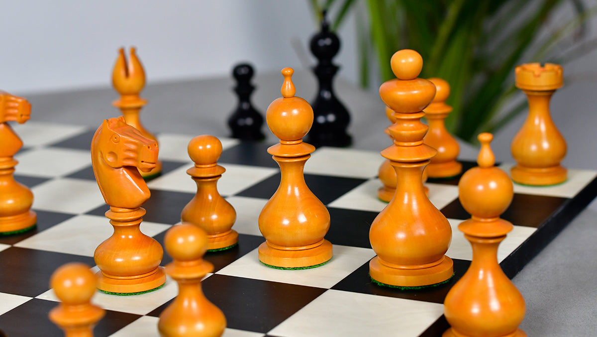 Antique Dublin Calvert wooden chess pieces, 104mm king, Ebonised finish