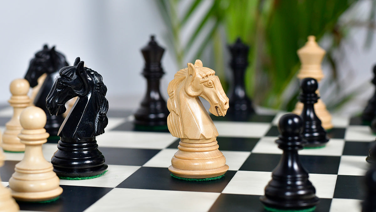 Full 34 piece New Colombian Staunton chess pieces in genuine ebony and boxwood, Sterling Chess Australia
