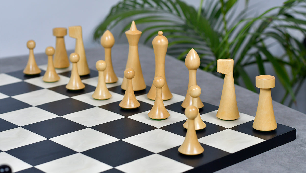 Full 34 piece Hermann Ohme Minimalist chess pieces in ebonised and natural boxwood, Sterling Chess Australia