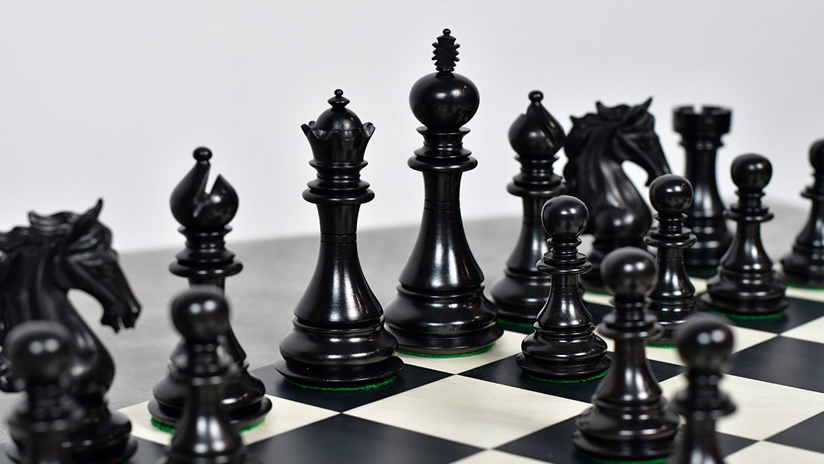 Ebonised wooden chess pieces, 115mm king, Sterling Chess Australia